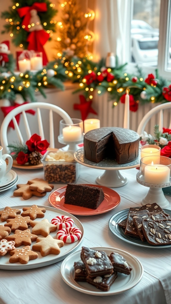 A festive table with various Christmas baked goods, including cookies and cake, decorated for the holiday season.